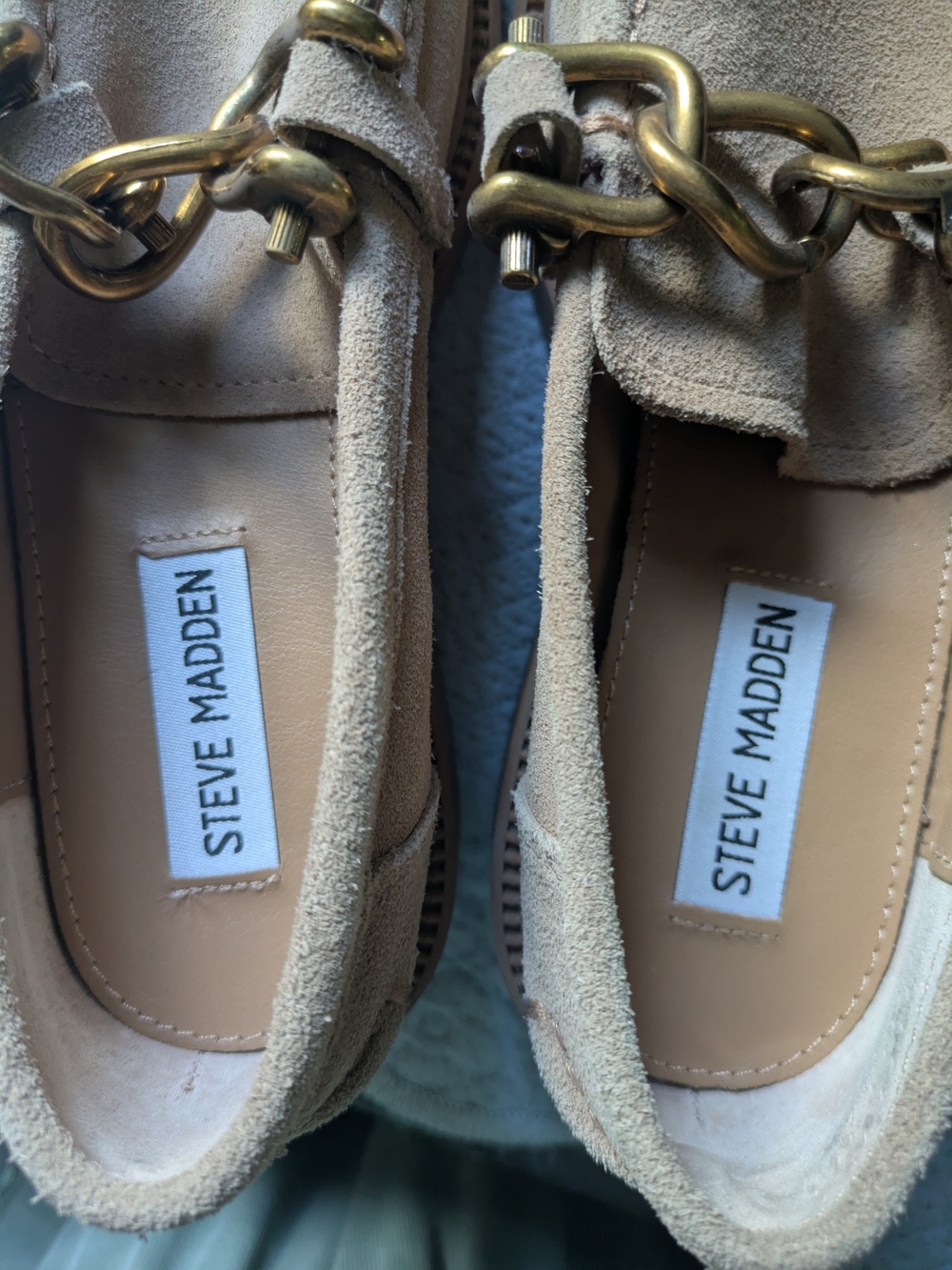 Steve Madden Tan Suede Loafers with Gold Chain Accent